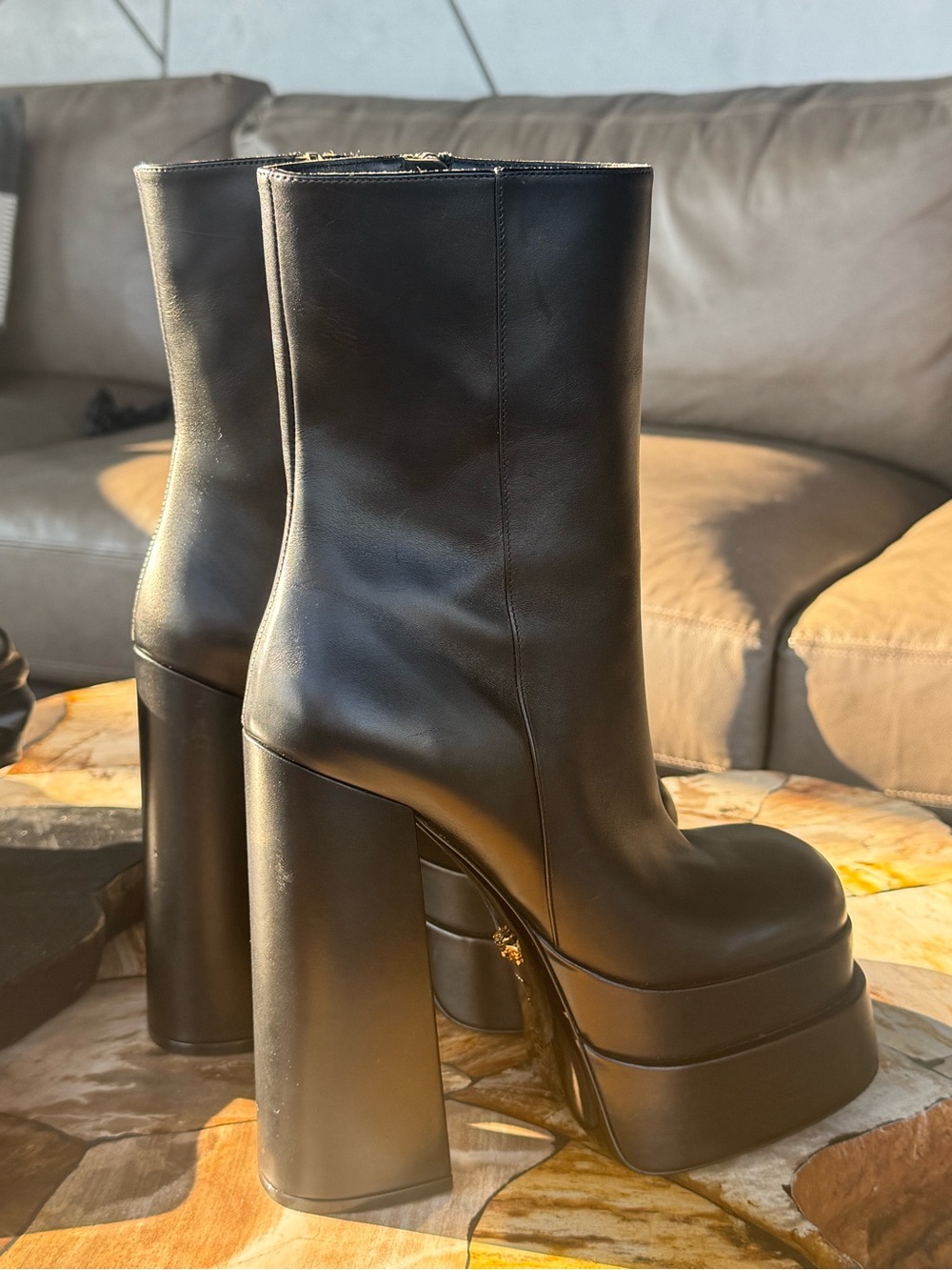 Versace Black Leather Platform Ankle Boots with Gold Accents